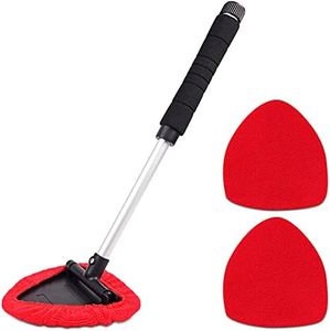 TAKAVU Windshield Window Cleaner Tool, Extendable Long-Reach Handle, Unique Pivoting Triangular Head, 3 Washable Reusable Microfiber Bonnets, Car & Home Inside Interior Exterior Use - Lint Free (Red)