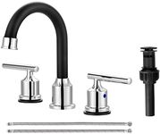 WOWOW Widespread Bathroom Sink Faucet 3 Hole Bathroom Faucet 8 Inch Lavatory Faucet with Drain and Water Supply Lines, 3 Pieces Vanity Faucet 2 Handle, Matte Black and Polished Chrome