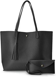 Minimalist Clean Cut Pebbled Faux Leather Tote Womens Shoulder Handbag, Black, Medium