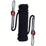 Wolike 10 Meters Length Professional Climbing Rope Rappelling Abseiling Rope Outdoor Excursions Accessories 12mm Diameter 12KN Escape High Resistance Rope With Two Carabiners（Black，10m）