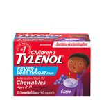 TYLENOL Children's Fever and Sore Throat Pain Chewables, Relieves Fever and Sore Throat Pain 20ct, Grape Flavour, For ages 6-11yrs