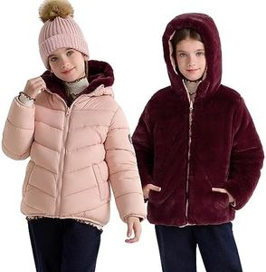 maoo garden Girls Winter Reversible Puffer Jacket Kids Heavyweight Faux-Down Fuzzy Fleece Lined Water-Resistant Coat Pink 10Y