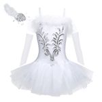 iEFiEL Girls Flower Sequins Applique Swan Ballet Dance Tutu Dress with Gloves Hair Clip White 10-12