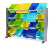 Tot Tutors Humble Kids Toy Organizer, 16 Storage Bins, Grey/Blue/Green/Yellow (WO498)