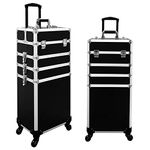 Makeup Rolling case, GreenLife® 4 in 1 Professional Rolling Aluminum Cosmetic Makeup Train Organizer Storage Case Artist Train Case Salon Beauty Cosmetic Jewelry Organizer Trolley with 4 Wheels Black
