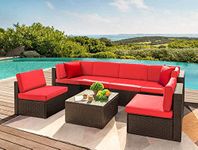 DEVOKO Outdoor Patio Garden Pool Side Terrace Balcony Porch Backyard Living Room Cane Furniture Sofa Wicker Sectional Sofa All-Weather Rattan Conversation Sets with Center Tabel (Dark Brown and Red)