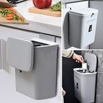 Hanging Small Trash Can with Lid for Counter Top or Under Sink, 2.4 Gallon Kitchen Compost Bin Garbage Can for Cupboard/Bathroom/Bedroom/Office/Camping, Waste Basket (Grey)