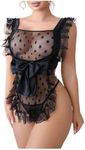 OYOANGLE Women's Polka Dots Mesh Sheer Maid Lingerie Dress and Thongs Set Cosplay Costume Outfits Black Medium