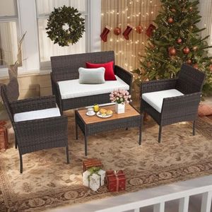 YITAHOME 4-Piece Patio Bistro Set, All-Weather Outdoor Patio Furniture Rattan Wicker Loveseat Conversation Set with Wooden Side Table and Soft Cushions, Brown+Beige