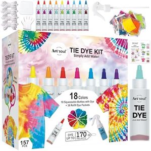 Art+soul 18 Colors Tie Dye Kit with Bonus Tie Dye Powder Refiils Packs,DIY Fabric Dyeing Kit Includes Rubber Bands, Gloves, Guide Book Perfect for Arts & Crafts, Family Party, Birthday Gifts