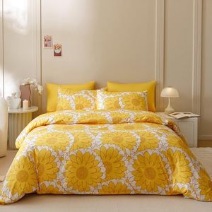 Wellboo Yellow Sunflower Comforter Sets King Boho Yellow Floral Bedding Set Cotton Women Girls White and Yellow Botanical Quilt Summer Floral Comforter Large Flower Plant Blankets Garden Bohemian Bed