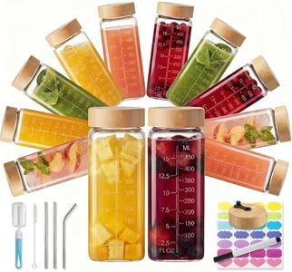 HomArtist 16oz Square Glass Juice Bottles with Lids, 12 Pack Reusable Juice Containers with Bamboo Lids, Glass Juicing jars with 4 Straws & 2 Airtight Lid with Hole for Drinking