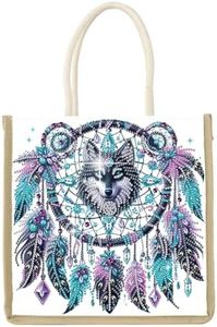 DIY Diamond Painting Canvas Tote Bag with Wolf Dreamcatcher Design, Artistic Diamond Art Handbag for Adults, Reusable Crystal Art Storage Bags with Handles, Portable Storage Bag for Woman Man