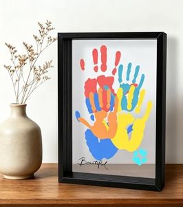 Family Handprint Kit with 5 Clear Acrylic Sheets, 12.3x8.7" Wooden Handprint Frame Kit for 5 Family Members or Pets, Unique Keepsake with 7 Non-Toxic Paints & Marker, Meaningful DIY Personalized Gift