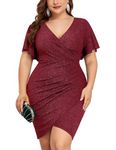 ZOMVA Plus Size 1X-4X Sparkly Glitter Ruched Bodycon Mini Dress Sparkle Sequin Wrap Ruffle Sleeve Dress Cocktail Party Formal, Burgundy, 4X-Large Plus