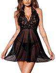 Avidlove Women Lace Sleepwear Set Dress Halter Lingerie Mesh Chemise Babydoll Black M