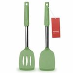 2 Pack Spatulas, Solid & Slotted Silicone Spatula Set, Stainless Steel Handle Coated with Silicone, Non Stick Turners, Heat Resistant BPA Free Rubber Spatulas for Fish, Eggs, Pancakes, Wok, (Green)