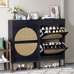 Yechen Shoe Rack Storage Organizer with 2 Natural Semi-Circular Rattan Doors, Entryway Wooden Shoe Cabinet for Sneakers, Leather Shoes,Heels (2 Piece, Black)