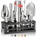 BARE BARREL® Cocktail Making Kit | 16-Piece Bartender Kit Cocktail Shaker Set Maker | Bamboo Display Stand & 35 Recipe Cards | Mixology Cocktail Gift Set (800ml/28oz Boston Shaker, Silver/Black)