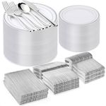 BESTVIP 600PCS Silver Plastic Plate Set (100 Guests), Plastic Plates for Party Wedding Birthday, Disposable Dinnerware Set of 200 Plastic Plates, 200 Forks, 100 Spoons, 100 Knives