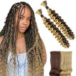 Human Braiding Hair Deep Wave Human Braiding Hair for Boho Braids, 100g 2 Bundles/Pack 16 Inch #4/27 Brown Highlight Blonde, Human Hair Braiding Hair No Weft Virgin Bulk Human Hair for Braiding