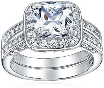 Classic Traditional Square Brilliant Cushion Cut Halo AAA CZ Pave Side Stones Band Engagement Wedding Band Ring Set For Women .925 Sterling Silver