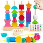 SHINETOY Montessori Toys for 3 Year Old - Wooden Beads Sequencing Toy Set, Lacing Beads and Matching Shapes Colors Stacking Toy for 2-5 Year Old,Preschool Learning Fine Motor Skills Toys