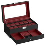 SONGMICS Watch Box, Watch Case with Glass Lid, 2-Tier Watch Display Case for 12 Watches, Lockable, 1 Drawer, Gift Idea, Black Synthetic Leather, Wine Red Lining JWB012R01