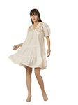 Stylum Women's Cream Solid & Embroidered Cotton Flared Dress (DRSCREAMLIMBO38_Off White, M)