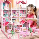 Beeneey New Dollhouse Building Playset Pink Princess Castle Playhouse with Dolls Furniture Accessories Pretend Play Dreamhouse Toys 6 Rooms 170 Pcs Set for Girls Kids