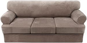 H.VERSAILTEX Sofa Cover 4 Piece T Cushion Sofa Slipcovers Thick Velvet Couch Cover Furniture Protector Stretch Sofa Covers for 3 Cushion Couch with 3 Individual T Cushion Covers Washable, Taupe