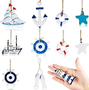 Jetec 22 Pcs Christmas Ocean Ornaments Beach Tree Decorations Coastal Mini Nautical Decor Wooden Hanging Ornament Life Ring Starfish Anchor Christmast Tree Decorations for Home Small Tree Party Office