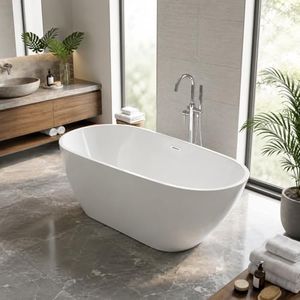 67" Deep Soaking Bathtub, Non-Slip Acrylic Tub with Chrome Drain, cUPC Certified, Ergonomic Modern Bath for Bathrooms, Easy-Install, White Pearl