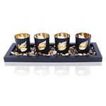 Candle Holder Set, Includes 4 Glass Cups, Natural Stones and Wooden Tray for Table Home Decorations (Leaves)