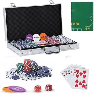 JUNGLE STONE Texas Holdem Poker Set, 300 Piece Set in Aluminium Case with 11.5g Heavyweight Chips, 1 double-sided reversible Flet Mat, 2 Decks Playing Cards, 5 Dice, Dealer, Big Small Blind Button