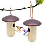 Origreen 2P Mushroom Hummingbird House, Wooden Bird Feeder, Charming Bird Houses for Outside Hanging, Unique Garden Decorations, Alluring Hummingbird Nests Gifts, Mushroom Bird House with Hemp Rope