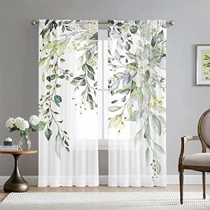 Fereyis Green Eucalyptus Leaves Sheer Curtains for Living Room 84 inch Length 2 Panels Set Elegant Wild Flower Floral Spring Printed Window Curtain Natural Chiffon Drapes for Bedroom