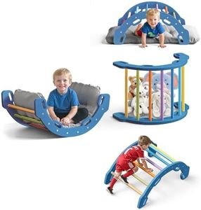 COSYLAND Kids Climber Arch Rocker with Cushion - Solid Wood Indoor Pikler Climbing Toys for Toddler with Handrails - Scentless Indoor Playground Arch Climbing Ladder (Blue Frame, Rainbow Sticks)