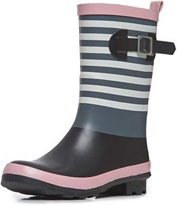 Laura Ashley Ladies High Cut Mid Calf Buckle Rubber Rain Boots, Lightweight Waterproof Booties for Women, Pink, Black and Blue Gray Stripes, 1" Heels - Size 9