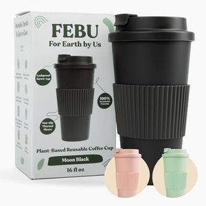 FEBU Plant-Based Reusable Coffee Cup with Lid and Sleeve | 16oz, Moon Black | Portable Travel Mug Made from Bamboo | Dishwasher Safe, Compostable, Plastic Free with Leak-Proof Screw-on Lid