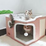 Spindro Large Cat Cave Bed for Indoor Cats, Cats Cube House with Scratch Pad Cat Condo Hideaway Tente Hut with Washable Sherpa Warm Soft Cat Mat, Cute Cat Beds Furniture, Modern Dog Bed,Pink