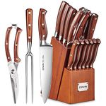 D.Perlla Knife Set, 16 Piece Knife Block Set with High Carbon German Steel, Kitchen Knife Set Sharpening for Chef Knife, Meat Scissors, Carving Fork, Ergonomic Wooden Handle