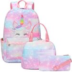 Unicorn Girls School Backpacks for Kids Teens, 3-in-1 School Bag Bookbags Set with Lunch Bag Pencil Case (Pink)