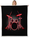 Drum Kit Throw Blanket Boys Girls Rock Music Themed Fleece Throw Blanket Teens Red Black Musical Pattern Decor Sherpa Blanket for Bed Sofa Couch Bedroom Instruments Print Fuzzy BlanketQueen 90"x90"