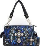 Camouflage Cross Wings Western Style Concealed Carry Purse Country Handbag Women Shoulder Bag Wallet Set (Blue Set)