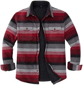 ZENTHACE Mens Flannel Jacket Sherpa Fleece Lined Flannel Shirt Jackets for Men Plaid Shirt Red Stripe Size M