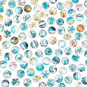 PH PandaHall 100pcs 12mm Starfish Glass Cabochons, 50 Styles Marine Organism Cabochon Tiles Ocean Theme Shell Mosaic Printed Picture Tile for Hawaii Summer Christmas Necklace Jewelry Making