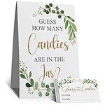 Guess How Many Candies Are In The Jar, Eucalyptus Baby Showers Game Set(1 Sign and 50 Guessing Cards), Green Leaf Baby Shower insert ticket，Bridal Showers Decorations, Birthday Party