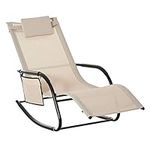 Outsunny Patio Rocking Chair with Mesh Fabric, Outdoor Rocking Sling Sun Lounger with Removable Headrest and Side Pocket for Garden, Deck, Lawn, Cream White