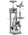 PEQULTI Cat Tree, [70.9"=180cm] Large Cat Tree for Indoor Cats, Tall Cat Tree for Large Cats, Multi-Level Plush Cat Tower with 6 Scratching Posts, 2 Cat Condos, 2 Perches, Hammock, Pompoms, Light Gray